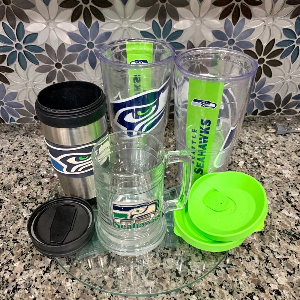 Seahawks glass mug/2 large tumblers/1 hot beverage